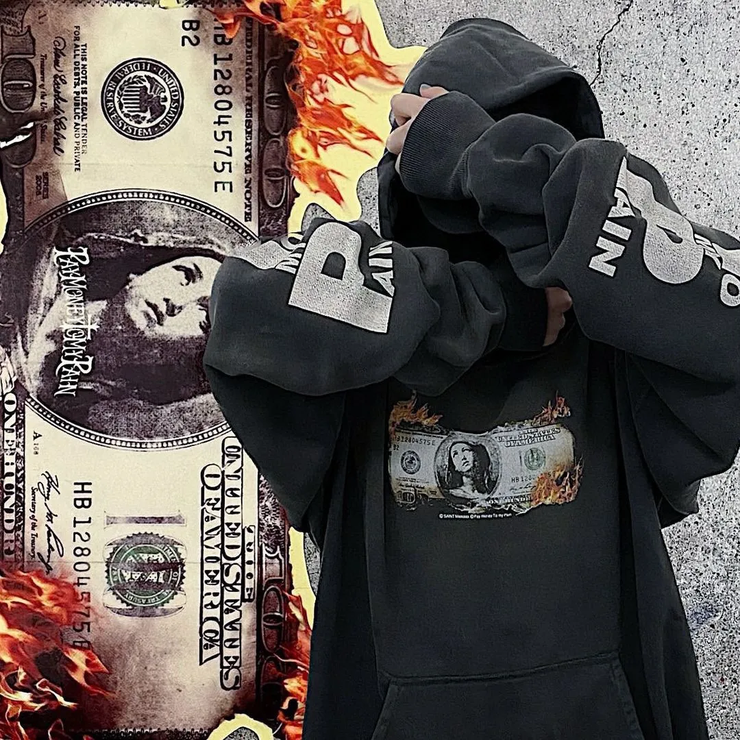 SAINT Mxxxxxx × PAY MONEY TO MY PAIN PTP_HOODIE/BRAND MONEY/BLK Co-branded PTP Virgin Mary dollar hoodie Washed black S-XL Assute dyeing The whole piece is sprayed with horse fade Mold customization joint main mark/washed mark Factory four-needle and six-thread workmanship No bone seams More comfortable to wear Repeated modification of proofing Authentic grade crack printing VINTAGE value is full